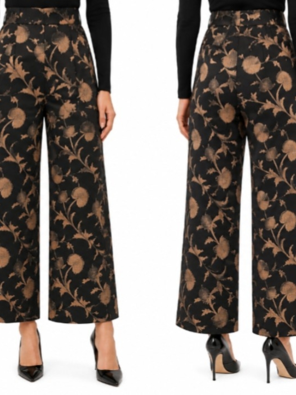 High-Waisted Black Wide-Leg Botanical Jacquard Pants